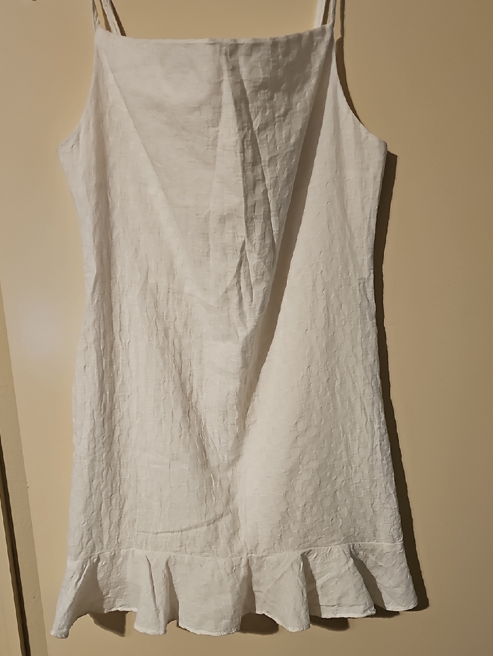 White Linen-Textured Mini Dress with Ruffle Hem